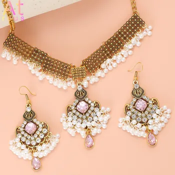Набор свадебных украшений из розового хрусталя для женщин, набор индийских свадебных украшений, ожерелье с подвеской в виде капли воды, жемчужные бусы, серьги с кисточками.