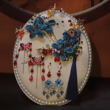 Новая Китайская свадьба, Синие Бархатные цветы, Старинный костюм, украшения для волос, Классический Головной убор невесты, завитые волосы