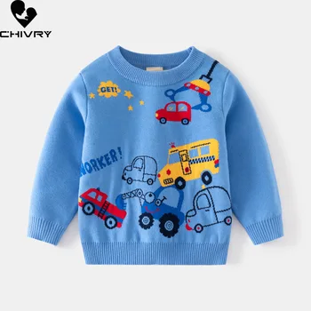 Новинка 2023 года, осенне-зимний толстый пуловер с круглым вырезом для маленьких мальчиков, свитер, жаккардовый теплый вязаный джемпер с мультяшным автомобилем, свитера, топы