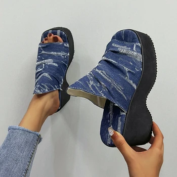 Обувь Женская, высококачественные женские тапочки с открытым носком, летняя джинсовая пляжная обувь смешанных цветов на танкетке, женские повседневные тапочки на платформе