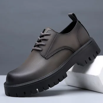 Оксфордские туфли мужские повседневные дерби на шнуровке с круглым носком платформа толстая подошва кожаные туфли на массивном каблуке