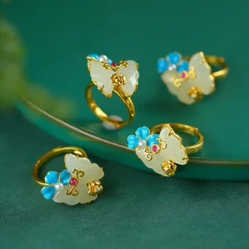 Оригинальный дизайн, натуральное кольцо с бабочкой из хотанского белого нефрита, фарфоровая китайская эмаль, легкие роскошные романтические серебряные украшения