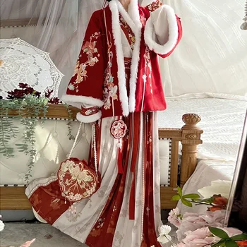Осенне-зимняя юбка Hanfu в стиле Мин с хвостом в китайском стиле, элегантное плюшевое платье принцессы с цветочным принтом, традиционные китайские халаты