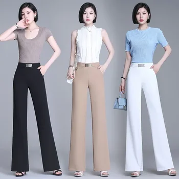 Офисные женские Корейские модные Свободные широкие костюмы, брюки, Женские Весенне-летние однотонные прямые брюки с высокой талией, эластичные N54