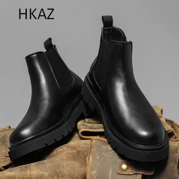 Повседневные кожаные ботинки для мужчин осень-зима, полностью черные мужские байкерские ботинки, модная универсальная износостойкая популярная модель мужской обуви