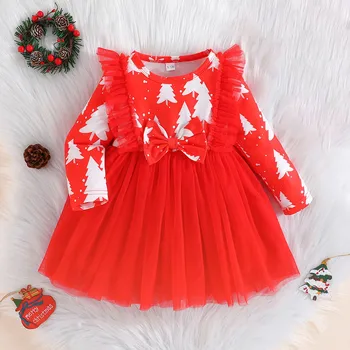 Рождественское платье для маленьких девочек, для малышей, с длинным рукавом и бантом, с принтами Рождественских елок, тюлевое платье принцессы, одежда для новогодней вечеринки