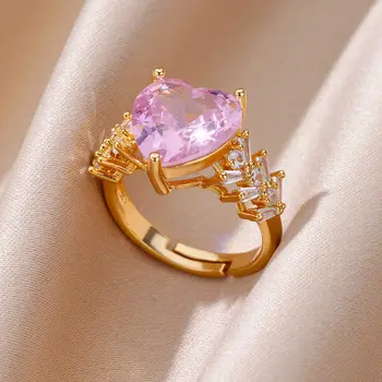 Розовые кольца с сердечками Для женщин, позолоченное кольцо с геометрическим сердечком из нержавеющей стали, Регулируемое на палец пары, Ювелирный подарок для свадебной вечеринки