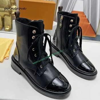 Роскошные ботильоны на шнуровке с заклепками, черные кожаные короткие ботинки на массивном каблуке, модная повседневная обувь для вечеринок для женщин 2023, Зимний досуг