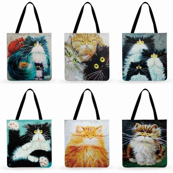 Свежая сумка-тоут с рисунком кота из мультфильма для женщин, льняная сумка Faric, женская сумка через плечо, уличная повседневная сумка-тоут, складная сумка для покупок