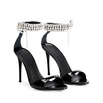 Сексуальная круглая пряжка на щиколотке со стразами и цепочками, босоножки на высоком каблуке, женские черные банкетные туфли на шпильке с открытым носком и вырезами