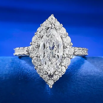 Серебряное кольцо S925 6 * 12 Лошадиный глаз, белый бриллиант, Огранка в виде ледяного цветка, Обручальное кольцо для женщин, Европейское и американское трансграничное Instag