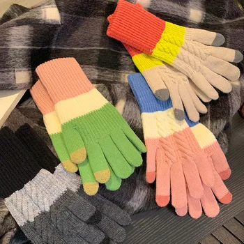 Трикотажные перчатки с утолщенным сенсорным экраном из флиса, осенне-зимние перчатки, женские велосипедные перчатки, теплые перчатки с полными пальцами для женщин