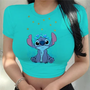 Укороченный топ, одежда с принтом Disney Stitch, Эстетическая футболка, Женская футболка с принтом бренда, Уличная одежда, Женская Графическая Летняя Женская
