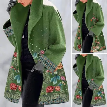 Уютная зимняя куртка, элегантное женское зимнее пальто с цветочным принтом, большого размера, плотного теплого свободного кроя, с отложным воротником средней длины