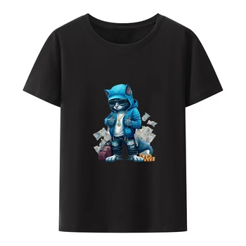 Футболки Cool Cat из хлопка Y2k, футболки с рисунком Аниме, рубашка с коротким рукавом, Свободная мужская одежда, Креативные футболки для хипстеров с принтом, дышащие