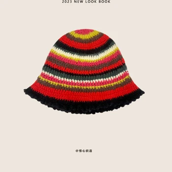 Японская Вязаная панама в красную контрастную полоску с ручным крючком и воланами, женская осенне-зимняя теплая Модная Рыбацкая кепка с куполом